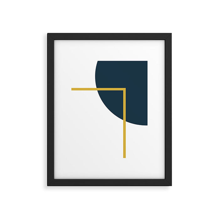 Fusion Minimalist Geometric Abstract in Mustard Yellow, Navy Blue, and White Framed Art Print Gallery Image 1