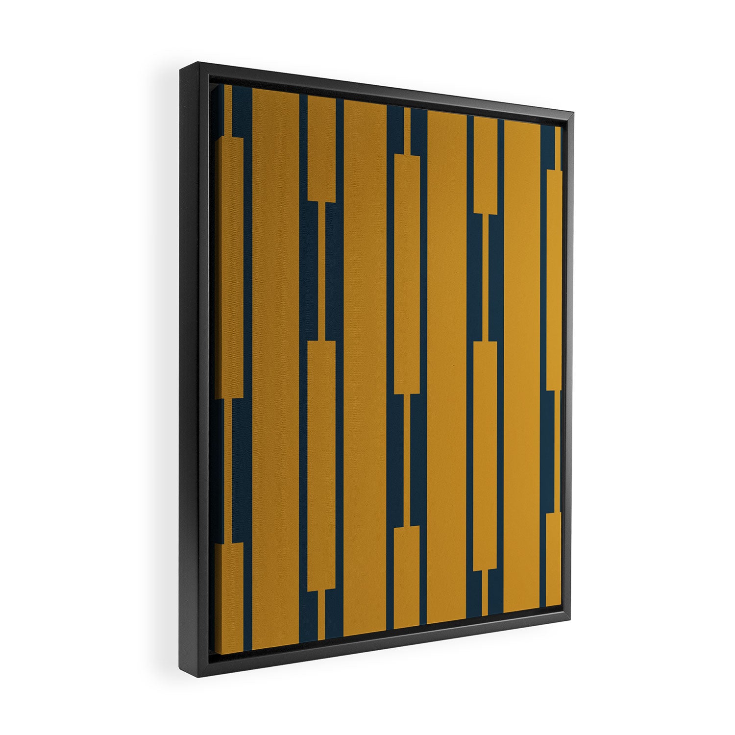Geo Chain Dark Mustard and Navy Blue Geometric Block Stripes Vertical Pattern Framed Canvas Print Gallery Image 2