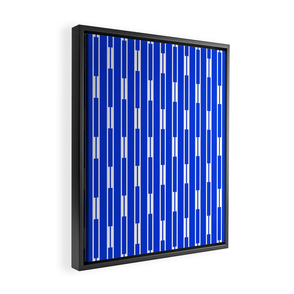 Geo Chain Vertical Block Stripe Pattern in Royal Blue and White Framed Canvas Print Gallery Image 2