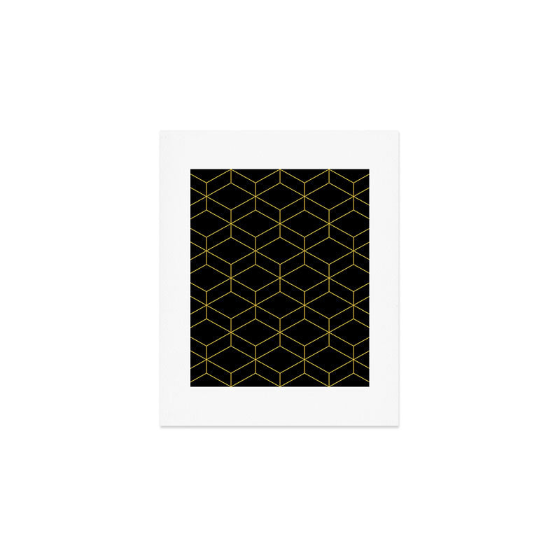 Geometric Honeycomb Lattice Pattern in Light Mustard and Black Art Print Gallery Image 1