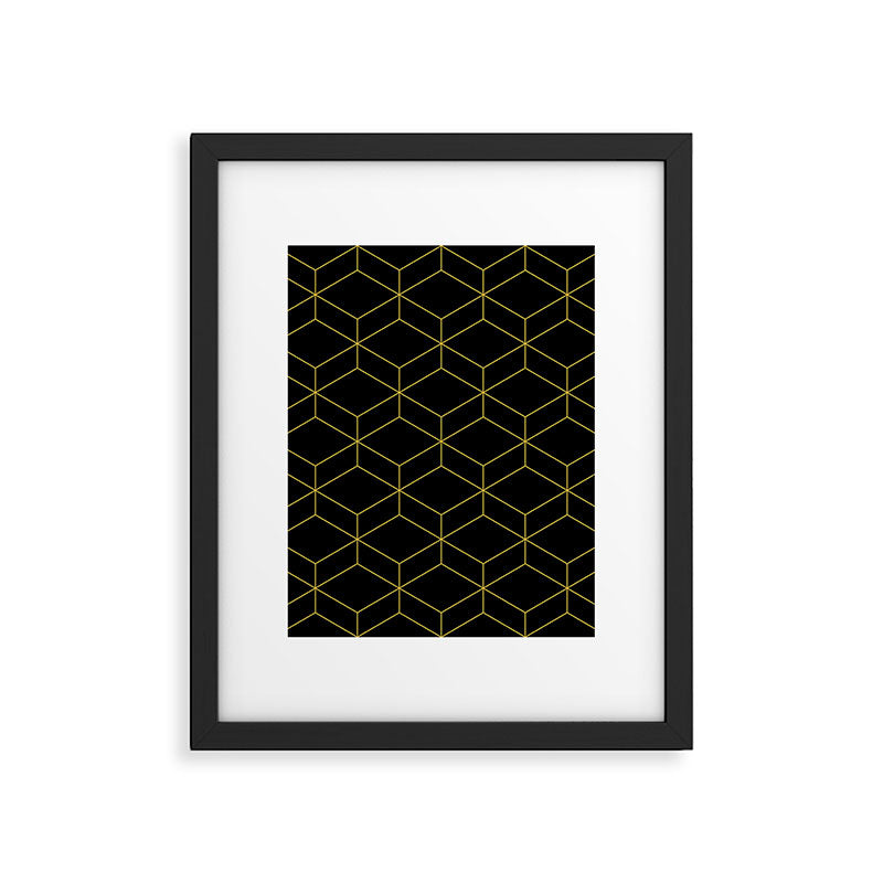 Geometric Honeycomb Lattice Pattern in Light Mustard and Black Framed Art Print Gallery Image 6