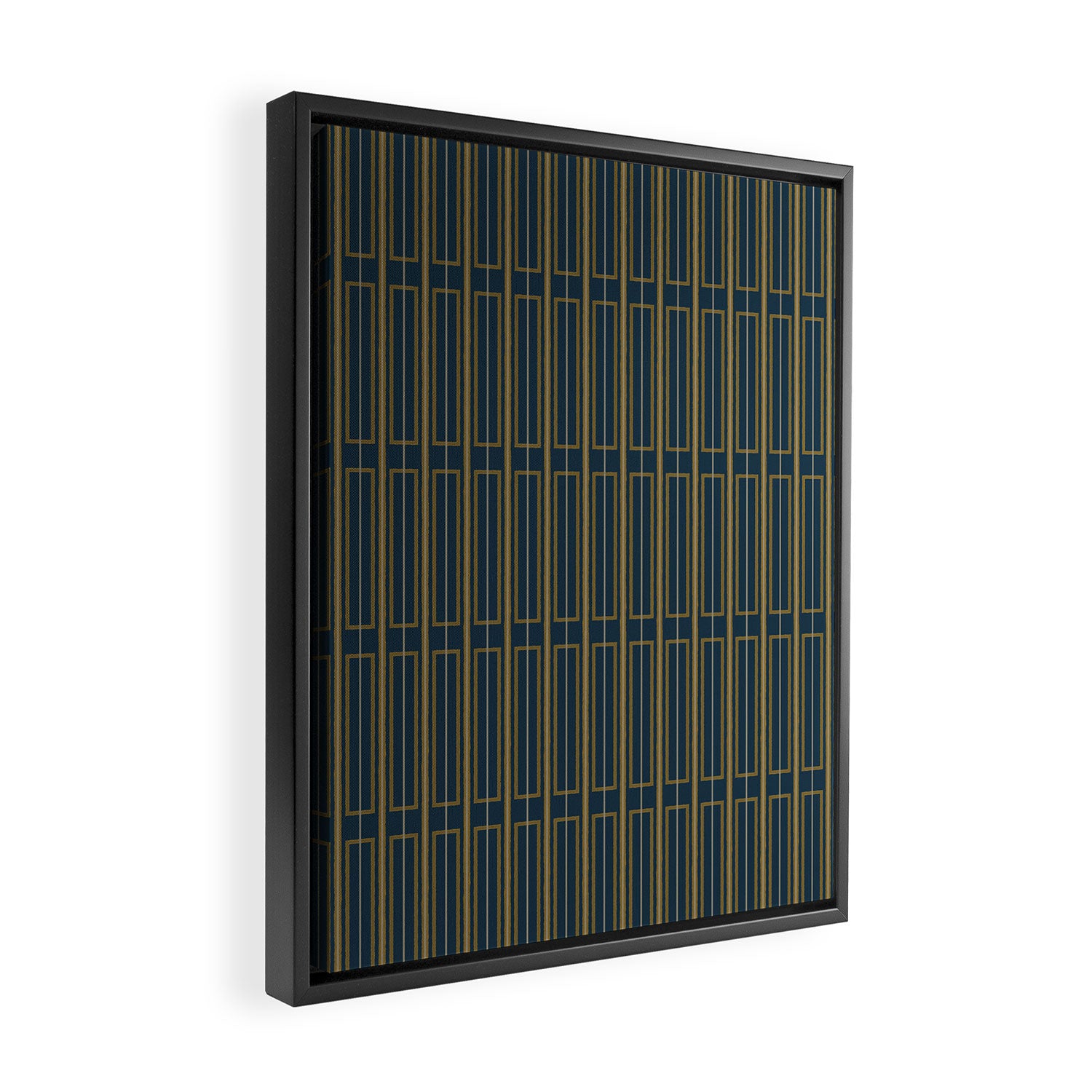 Geometric Minimalist Geo Box Striped Pattern in Navy Blue Mustard Gray Framed Canvas Print Gallery Image 2