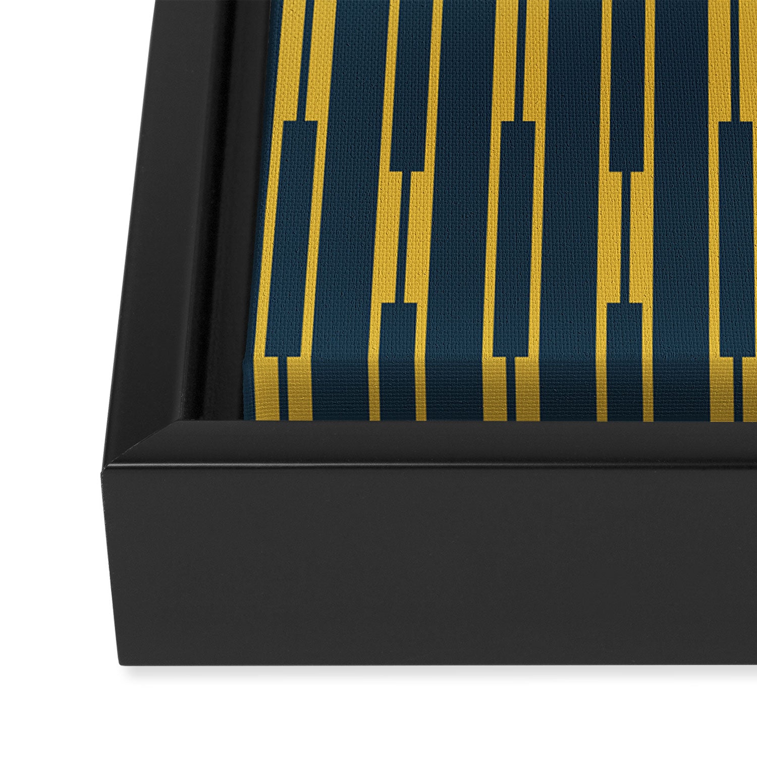 Geometric Striped Geo Chain Vertical Pattern in Navy Blue and Light Mustard Framed Canvas Print Gallery Image 3