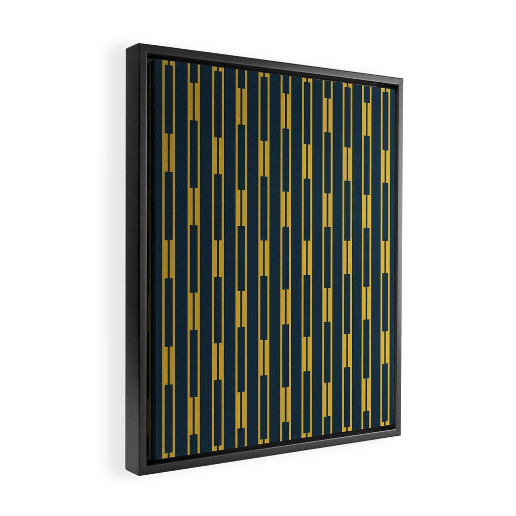 Geometric Striped Geo Chain Vertical Pattern in Navy Blue and Light Mustard Framed Canvas Print Gallery Image 2