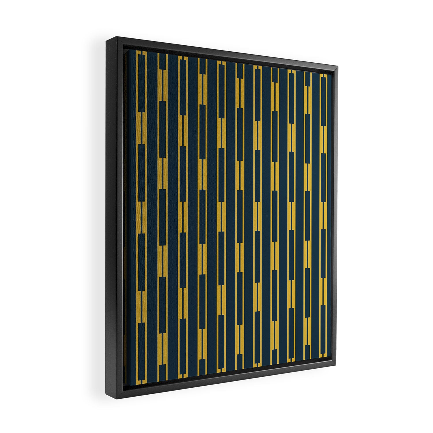 Geometric Striped Geo Chain Vertical Pattern in Navy Blue and Light Mustard Framed Canvas Print Gallery Image 2