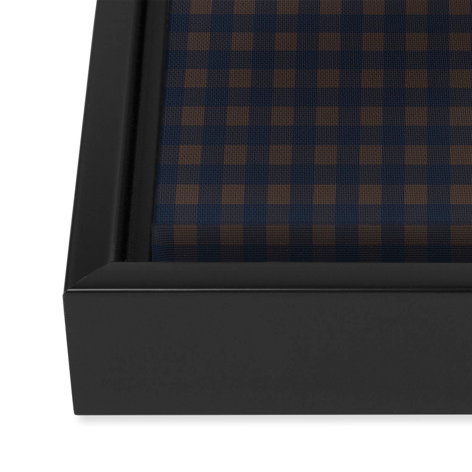 Gingham Check Dark Plaid Pattern in Navy Blue and Brown Framed Canvas Print Gallery Image 3