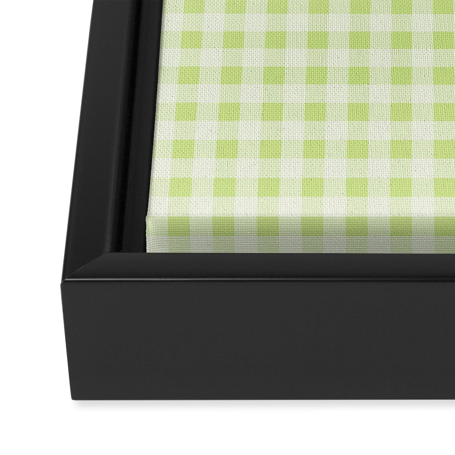 Gingham Check Pattern in Light Lime Green and White Framed Canvas Print Gallery Image 3