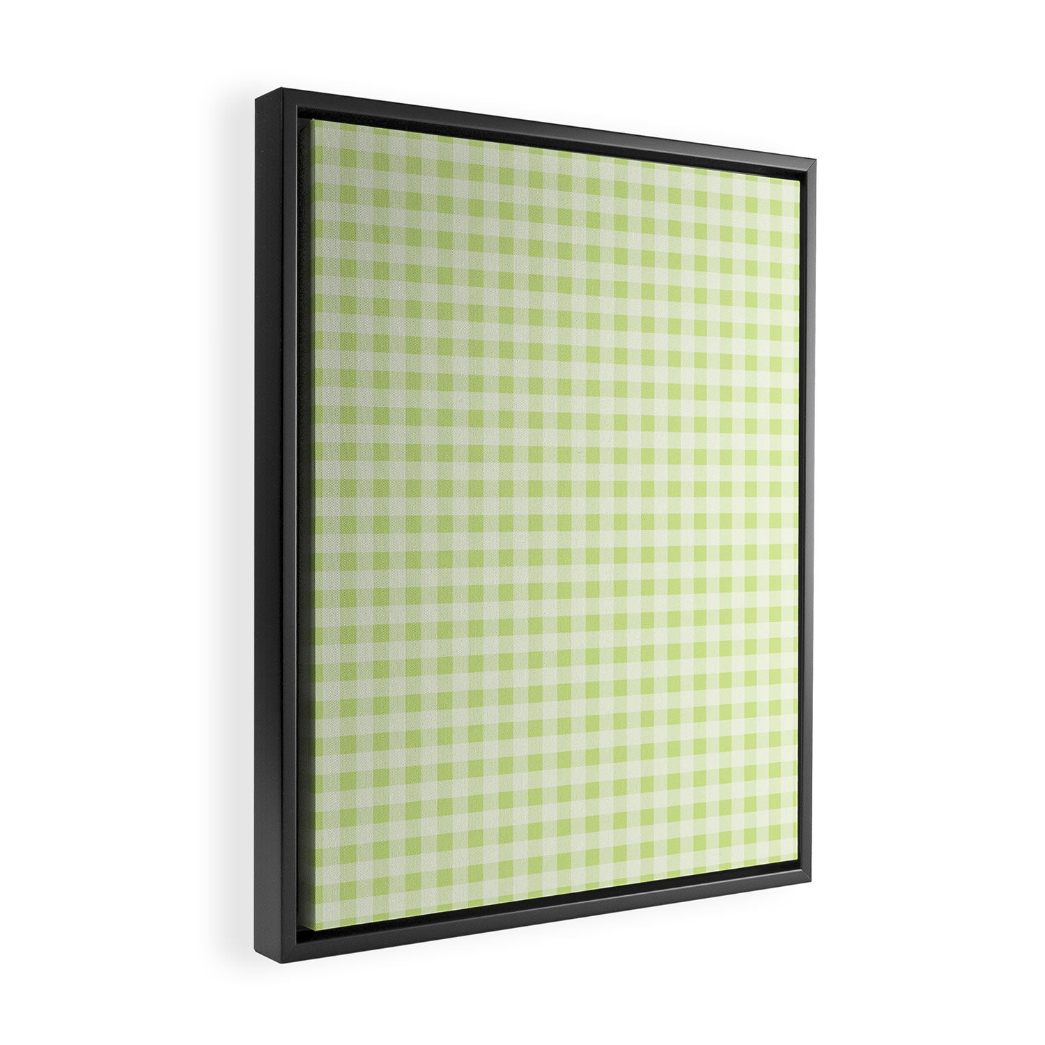 Gingham Check Pattern in Light Lime Green and White Framed Canvas Print Gallery Image 2
