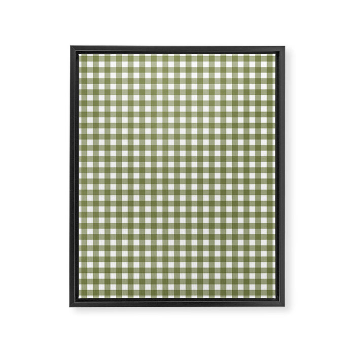 Gingham Check Pattern in Olive Green and White Framed Canvas Print Gallery Image 1