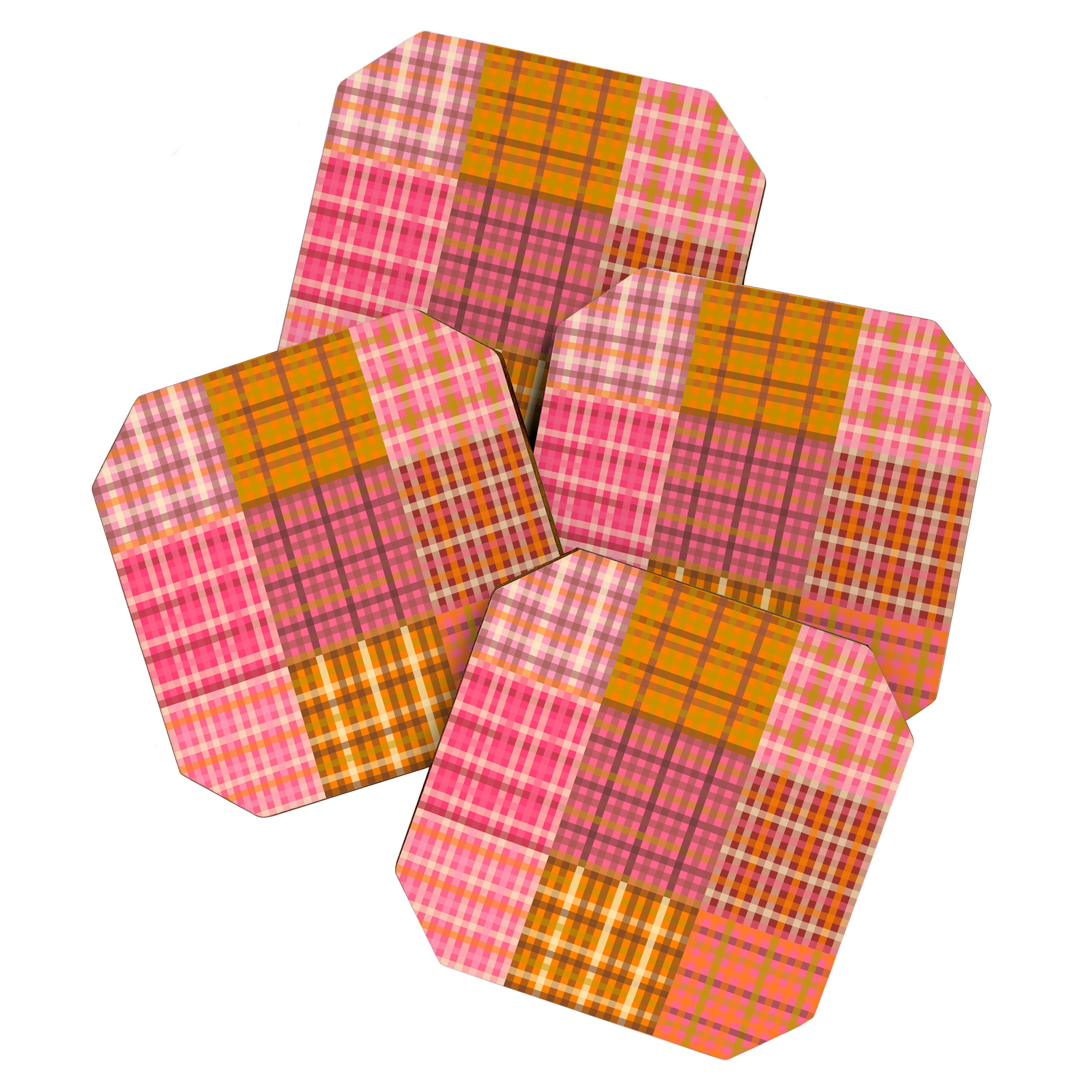 Gingham Patchwork Retro Plaid Check Pattern Pink Orange Moss Coaster Gallery Image 1