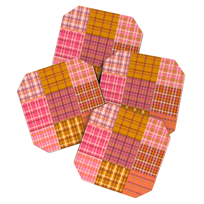 Gingham Patchwork Retro Plaid Check Pattern Pink Orange Moss Coaster Gallery Image 1
