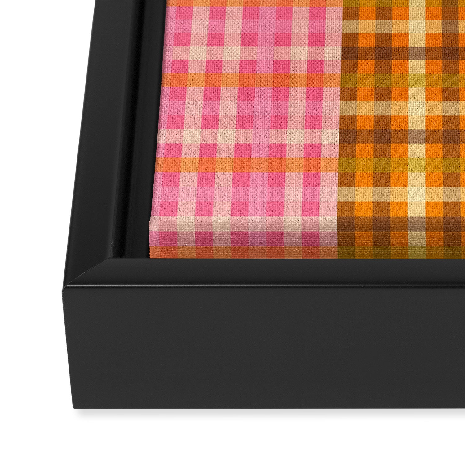 Gingham Patchwork Retro Plaid Check Pattern Pink Orange Moss Framed Canvas Print Gallery Image 3