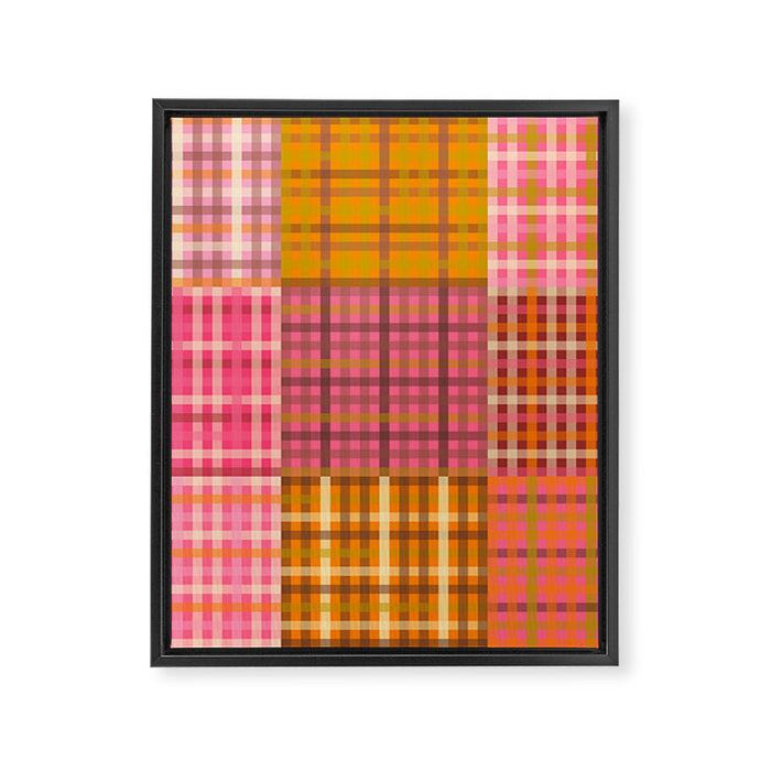 Gingham Patchwork Retro Plaid Check Pattern Pink Orange Moss Framed Canvas Print Gallery Image 1