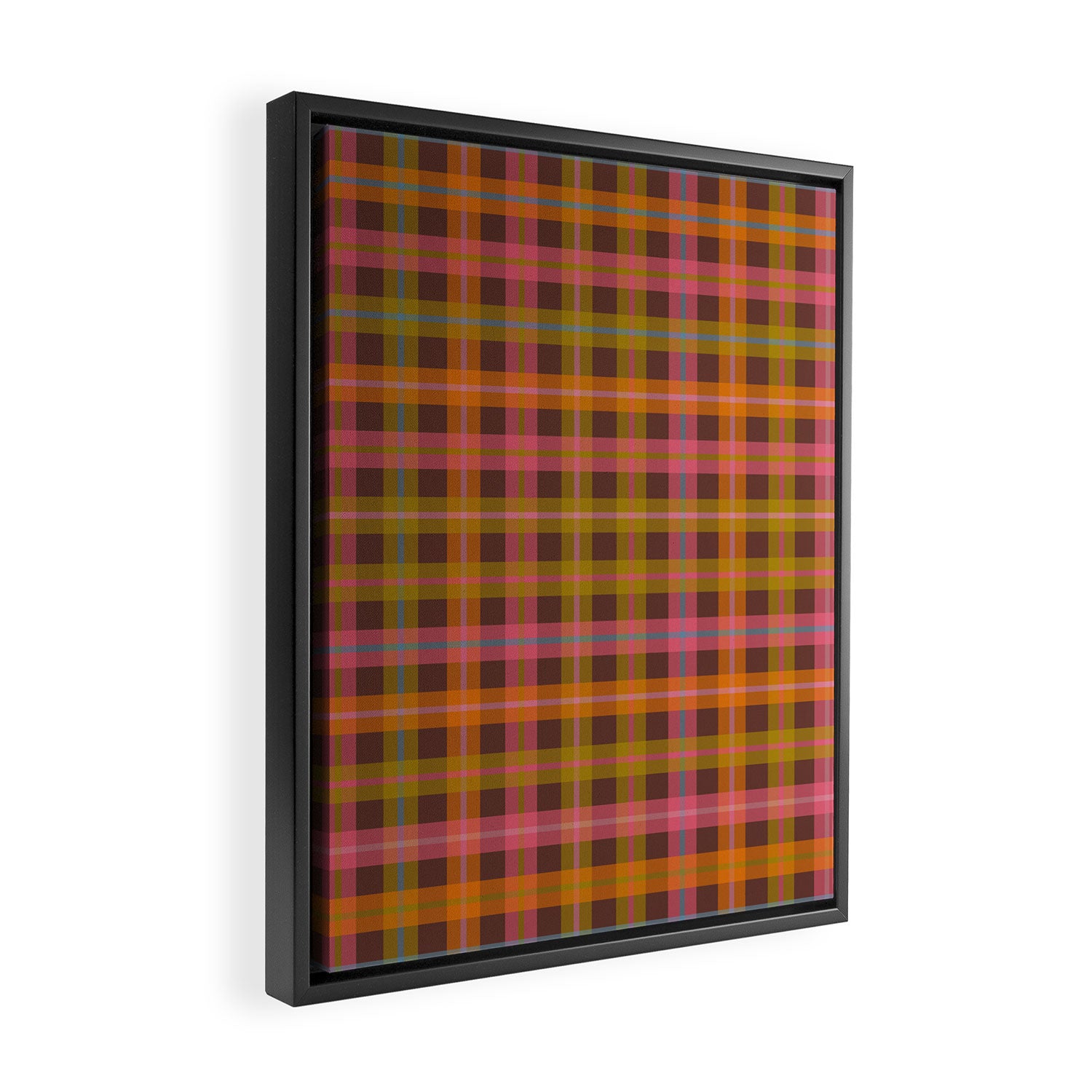 Gingham Plaid Eclectic Check Pattern on Brown Framed Canvas Print Gallery Image 2