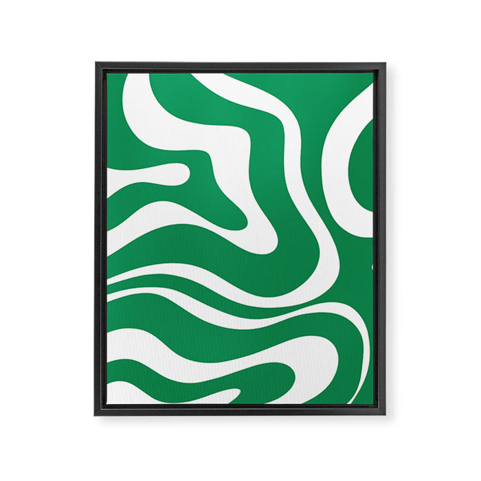 Green and White Retro Modern Liquid Swirl Abstract Pattern Framed Canvas Print Gallery Image 1