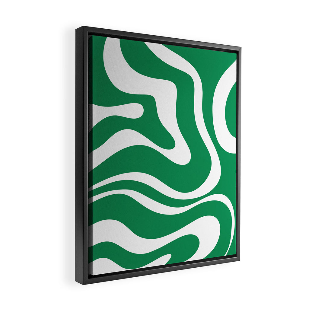 Green and White Retro Modern Liquid Swirl Abstract Pattern Framed Canvas Print Gallery Image 2
