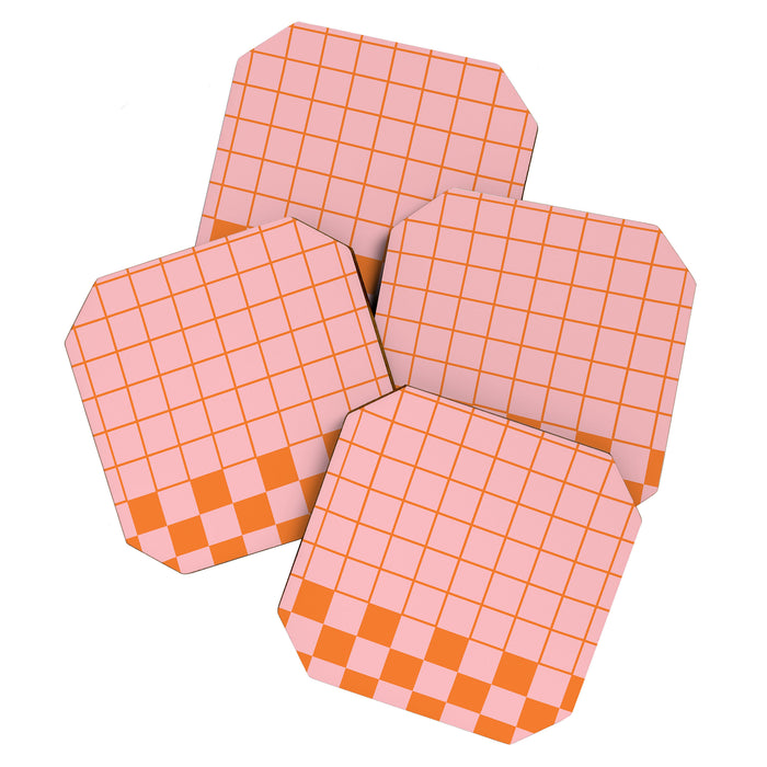 Grid Check Pink and Orange Checkered Pattern Coaster Gallery Image 1