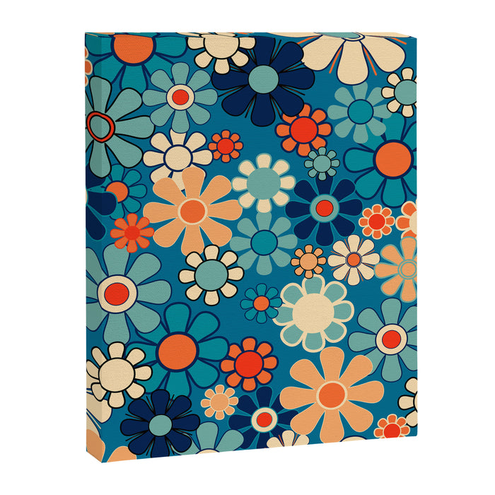 Groovy Blue Retro Garden 60s 70s Aesthetic Floral Pattern with Orange Canvas Print Gallery Image 1