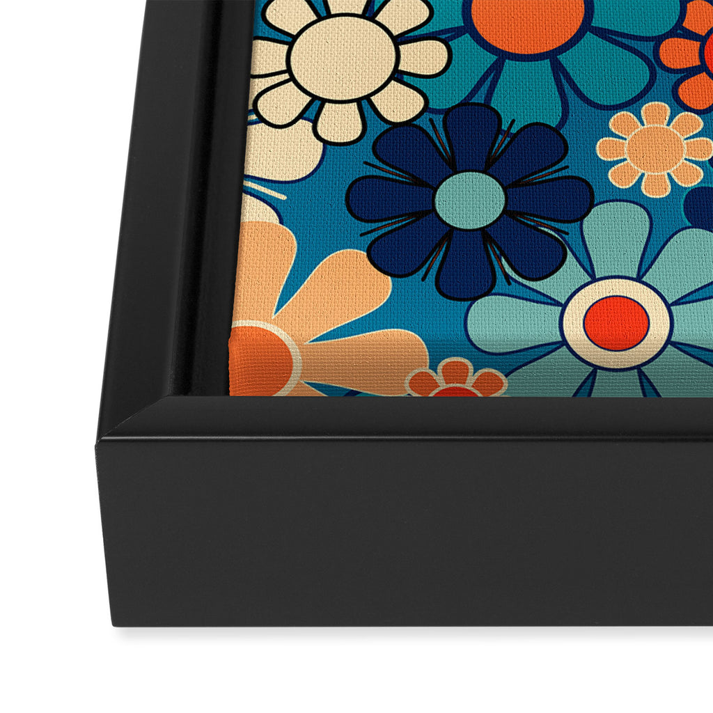 Groovy Blue Retro Garden 60s 70s Aesthetic Floral Pattern with Orange Framed Canvas Print Gallery Image 3
