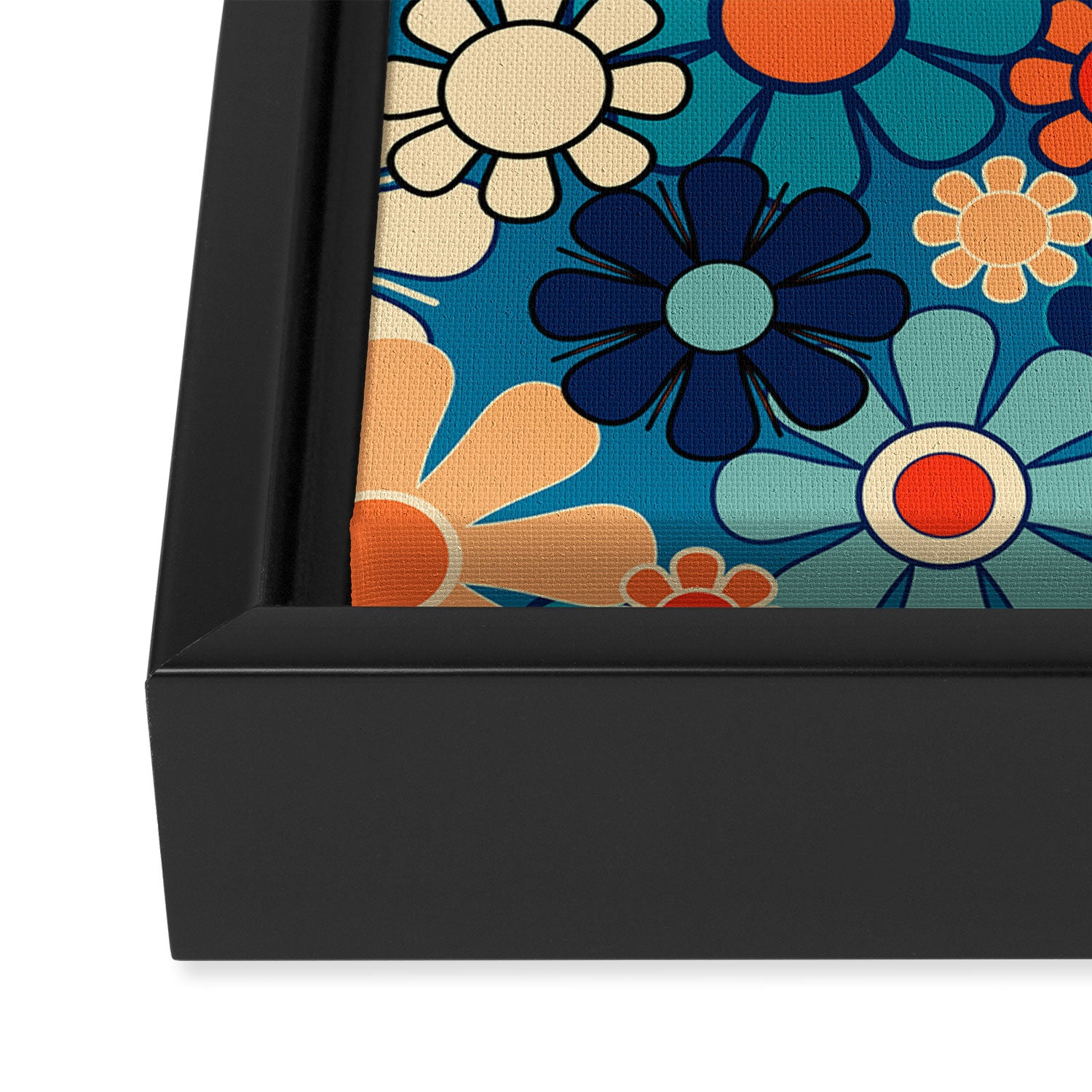Groovy Blue Retro Garden 60s 70s Aesthetic Floral Pattern with Orange Framed Canvas Print Gallery Image 3