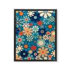 Groovy Blue Retro Garden 60s 70s Aesthetic Floral Pattern with Orange Framed Canvas Print Gallery Image 8