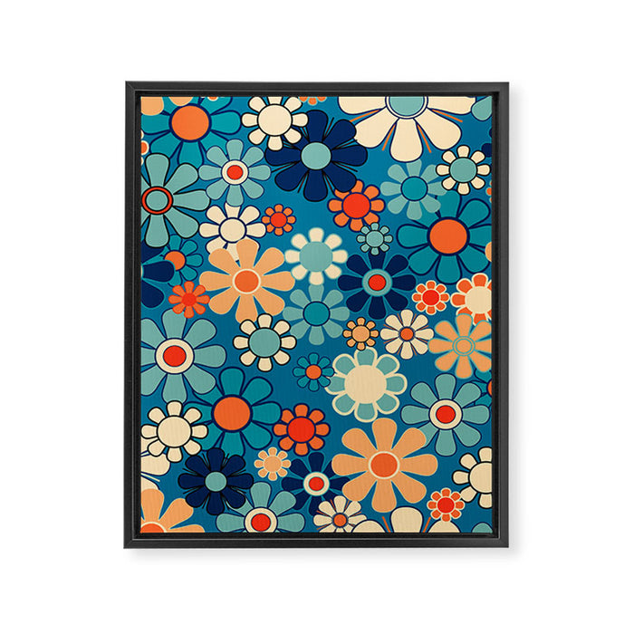 Groovy Blue Retro Garden 60s 70s Aesthetic Floral Pattern with Orange Framed Canvas Print Gallery Image 1