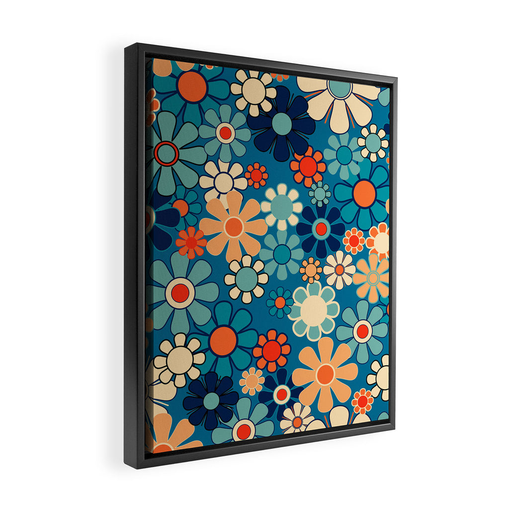 Groovy Blue Retro Garden 60s 70s Aesthetic Floral Pattern with Orange Framed Canvas Print Gallery Image 2