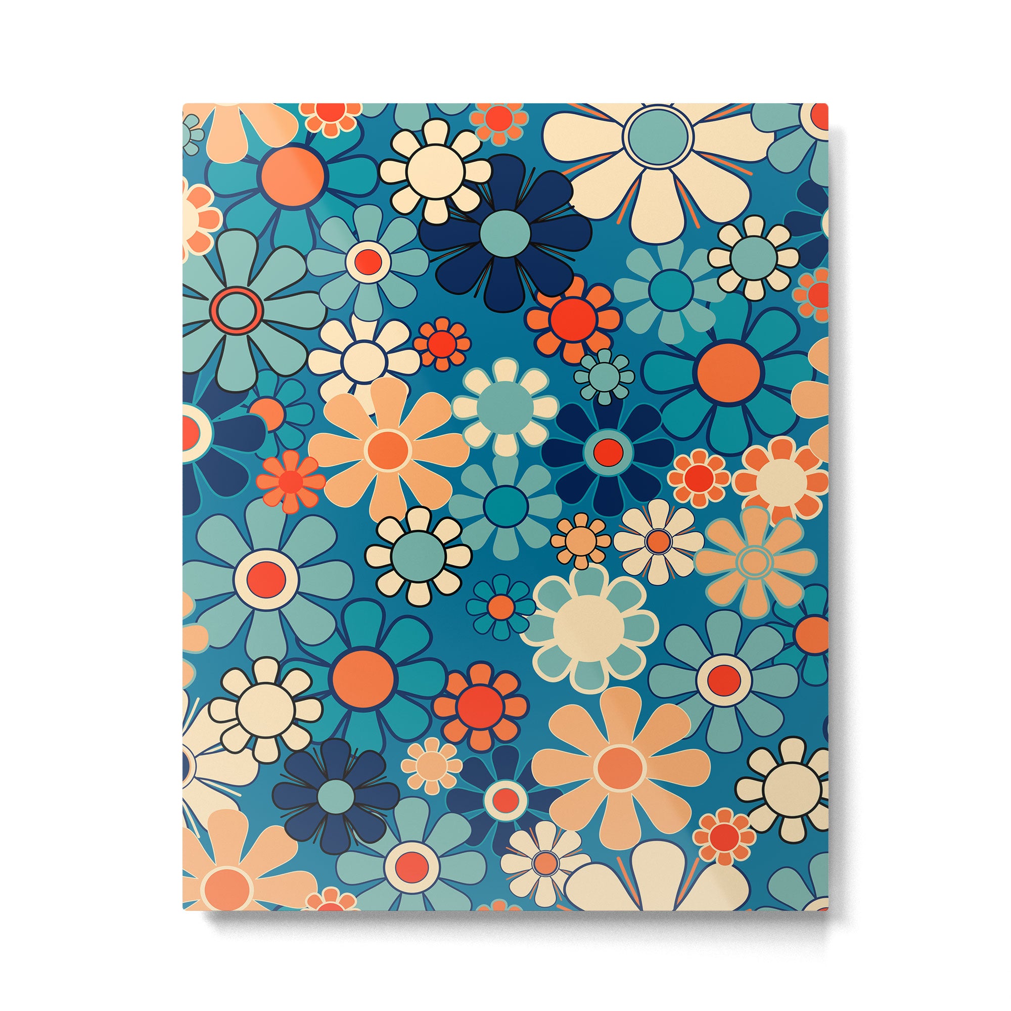 Groovy Blue Retro Garden 60s 70s Aesthetic Floral Pattern with Orange Metal Print Gallery Image 6