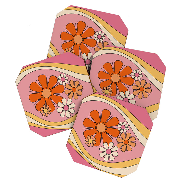Groovy Floral Daydream Retro 60s 70s Flowers Pink Orange Yellow Coaster Gallery Image 1