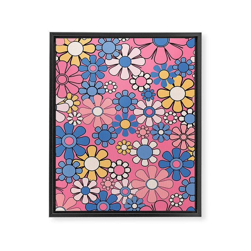 Groovy Floral Retro Garden 60s 70s Flower Pattern Pink Blue Yellow Framed Canvas Print Gallery Image 8