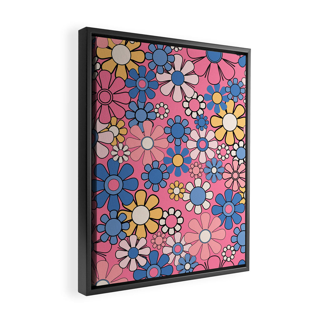 Groovy Floral Retro Garden 60s 70s Flower Pattern Pink Blue Yellow Framed Canvas Print Gallery Image 2
