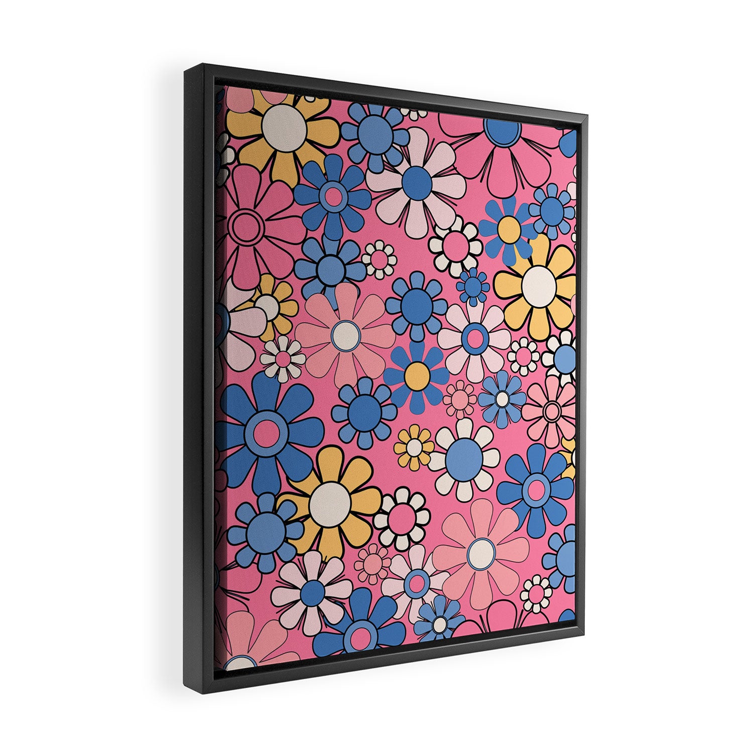 Groovy Floral Retro Garden 60s 70s Flower Pattern Pink Blue Yellow Framed Canvas Print Gallery Image 2