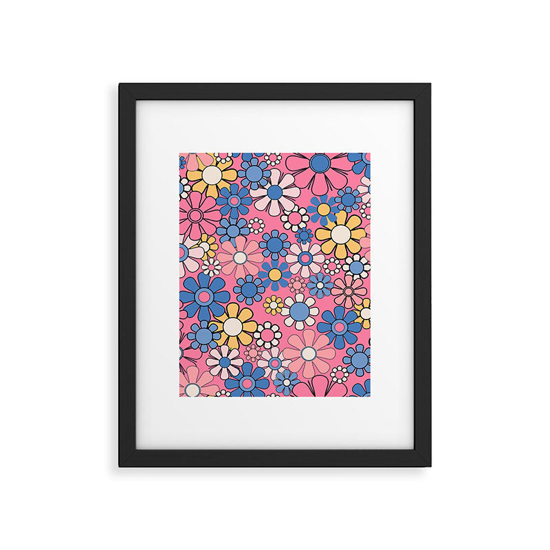 Groovy Floral Retro Garden 60s 70s Flower Pattern Pink Blue Yellow Framed Art Print Gallery Image 6