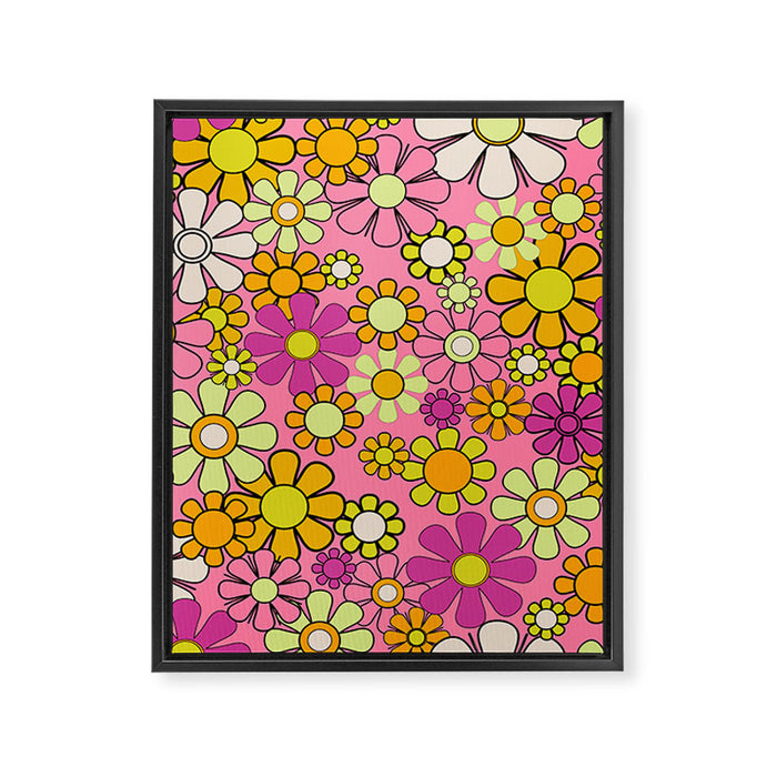 Groovy Floral Retro Garden 60s 70s Flower Pattern Pink Orange Yellow Framed Canvas Print Gallery Image 1