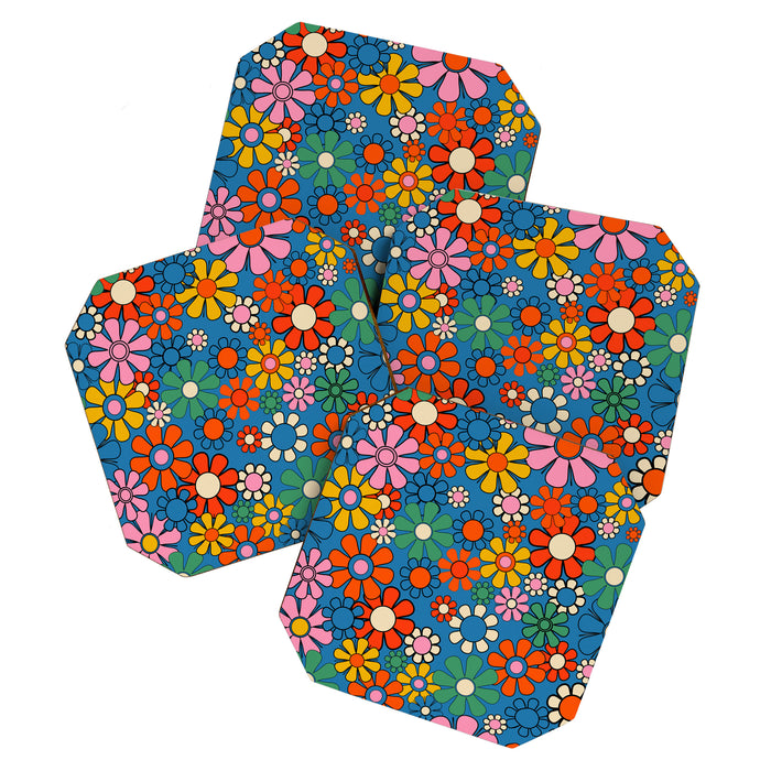 Groovy Floral Retro Garden Bold and Colorful 60s 70s Flower Pattern with Blue Coaster Gallery Image 1