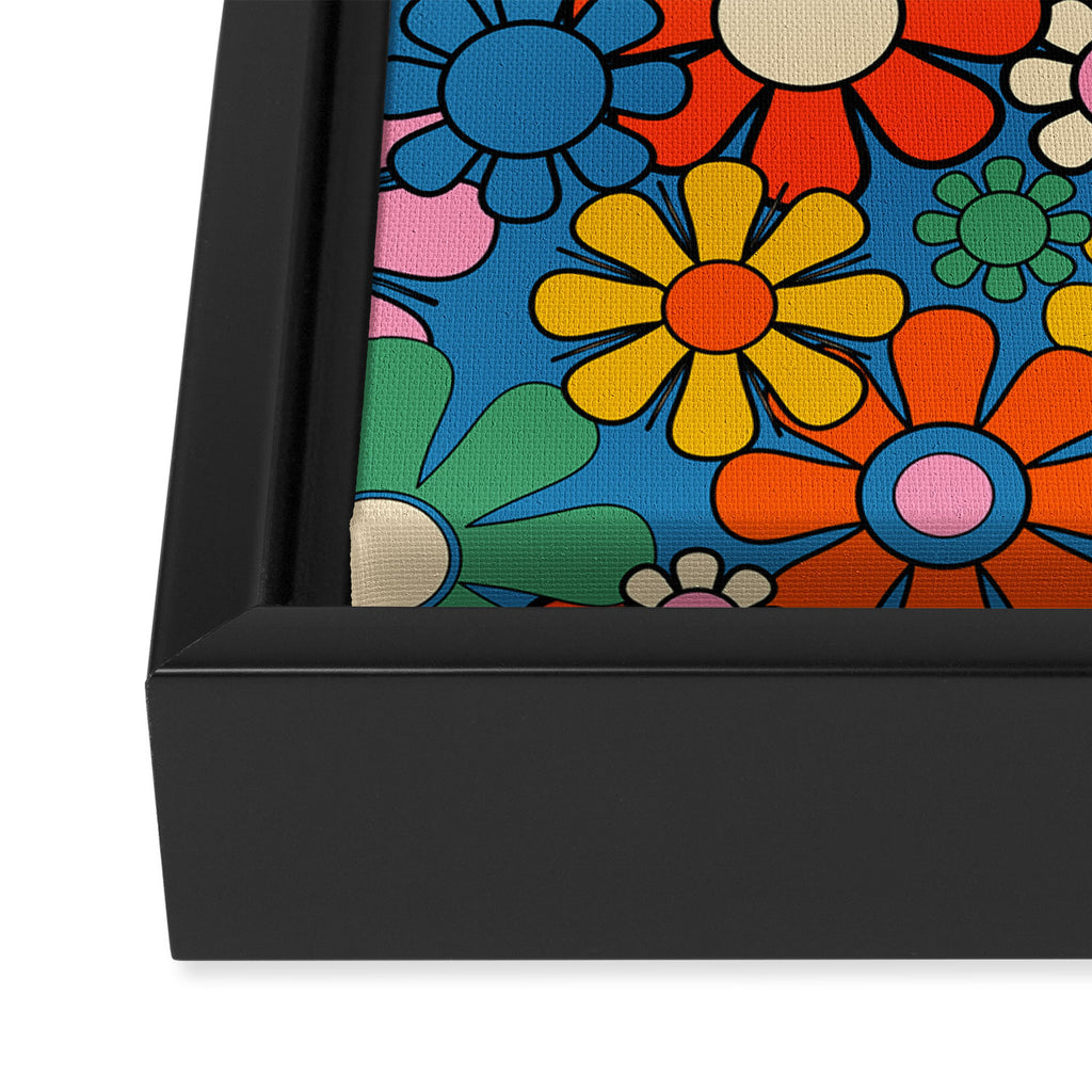 Groovy Floral Retro Garden Bold and Colorful 60s 70s Flower Pattern with Blue Framed Canvas Print Gallery Image 3