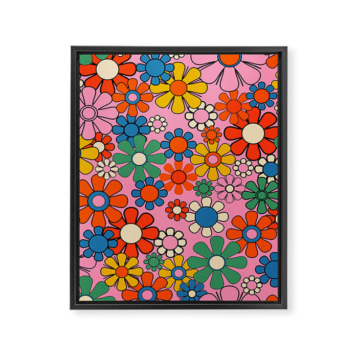 Groovy Floral Retro Garden Bold and Colorful 60s 70s Flower Pattern with Pink Framed Canvas Print Gallery Image 1