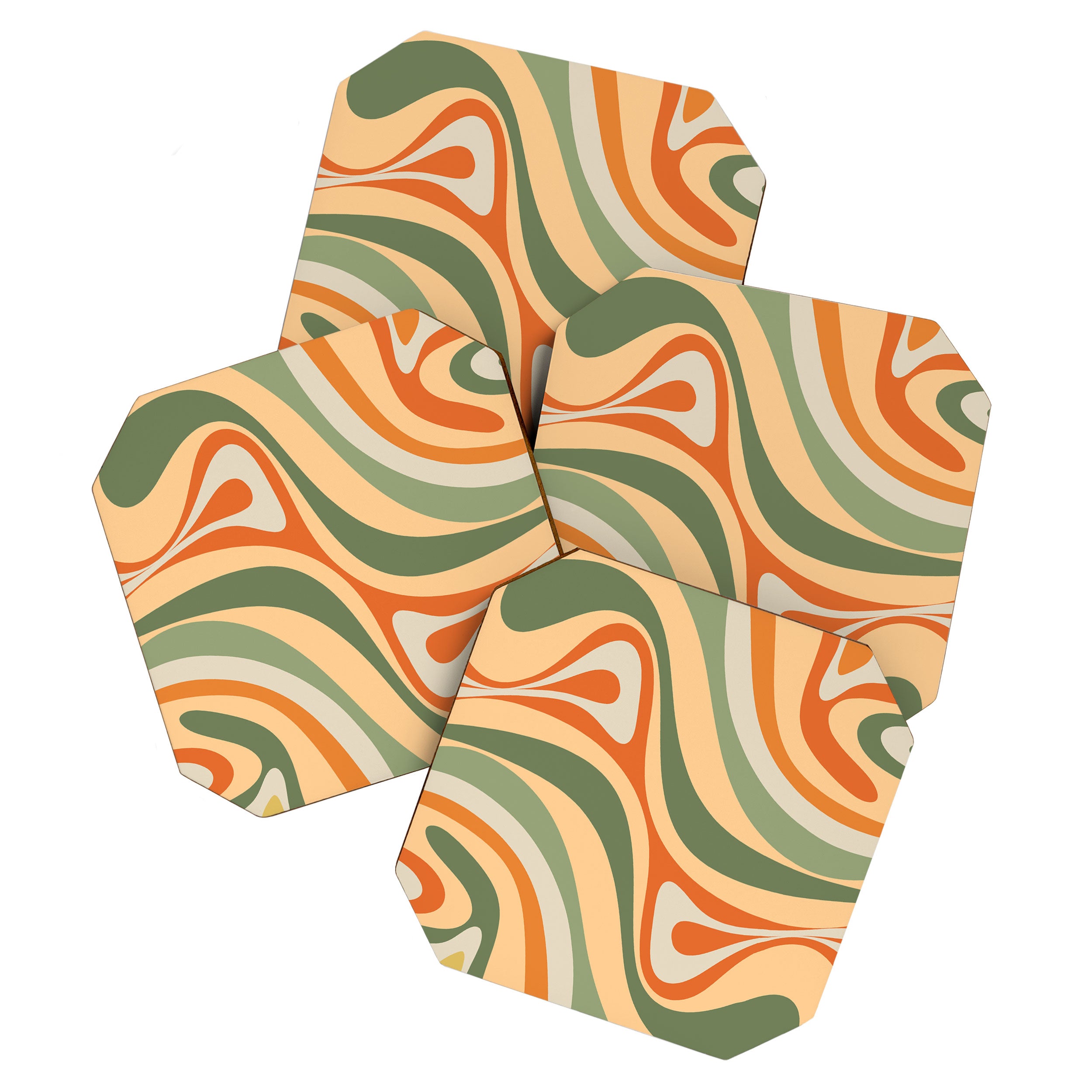 Groovy Retro Abstract New Groove Swirl Pattern in Mossy Sage Olive Green Apricot Orange Coaster Gallery Image 1