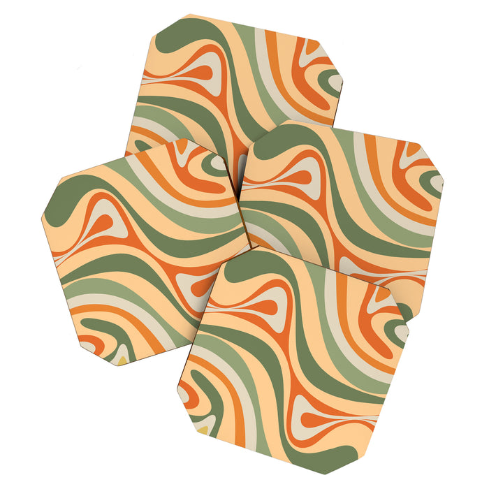 Groovy Retro Abstract New Groove Swirl Pattern in Mossy Sage Olive Green Apricot Orange Coaster Gallery Image 1