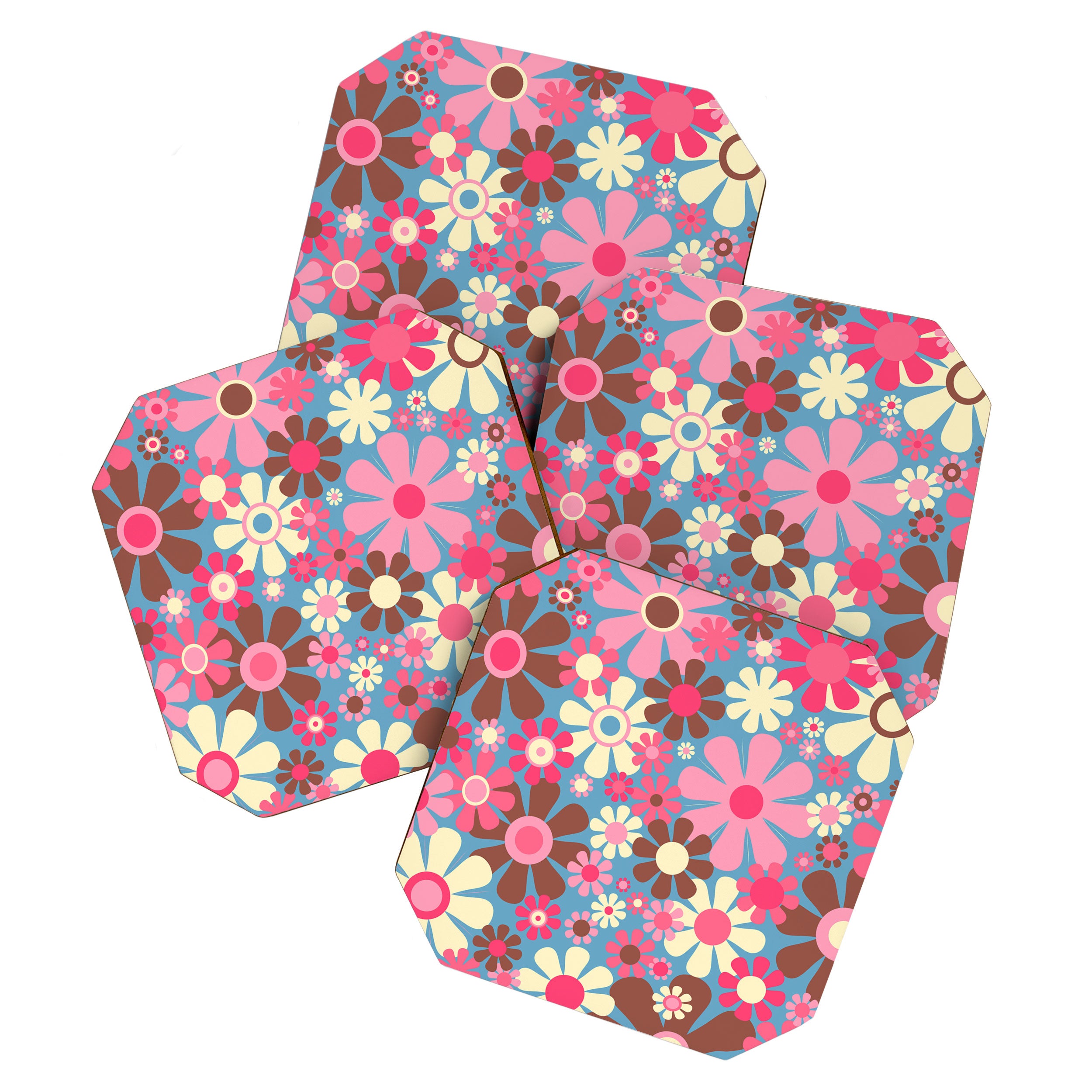 Groovy Retro Floral Garden 60s 70s Pattern in Cheerful Pink Brown and Blue Coaster Gallery Image 1