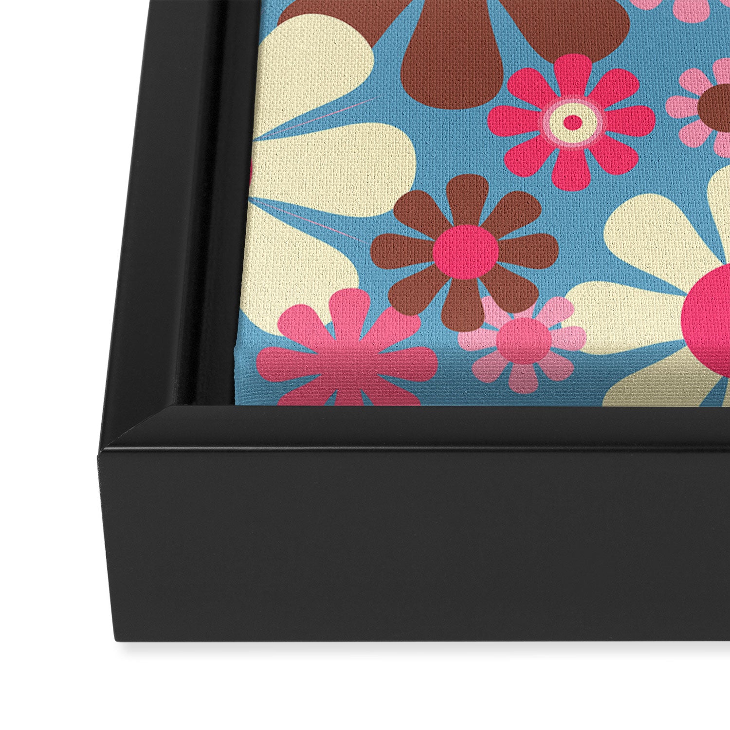 Groovy Retro Floral Garden 60s 70s Pattern in Cheerful Pink Brown and Blue Framed Canvas Print Gallery Image 3