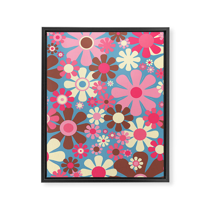 Groovy Retro Floral Garden 60s 70s Pattern in Cheerful Pink Brown and Blue Framed Canvas Print Gallery Image 1