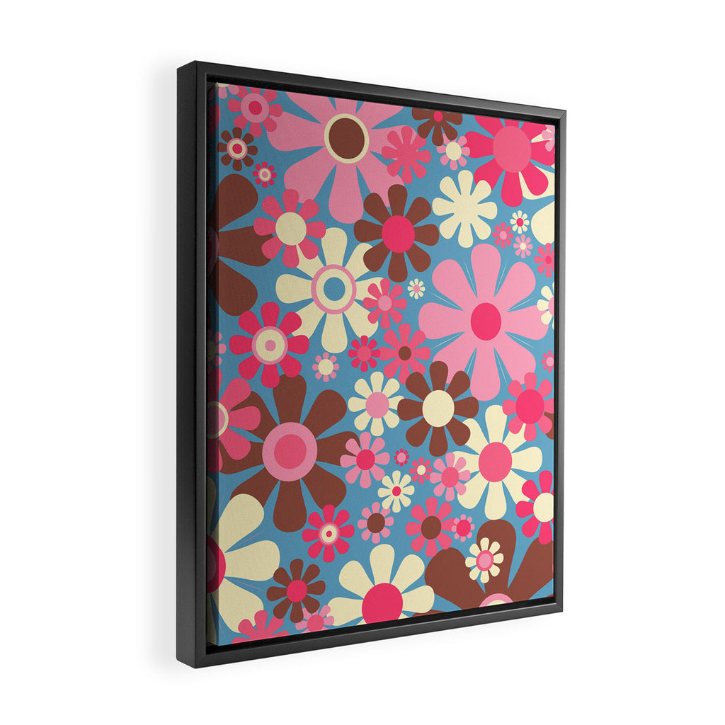 Groovy Retro Floral Garden 60s 70s Pattern in Cheerful Pink Brown and Blue Framed Canvas Print Gallery Image 2