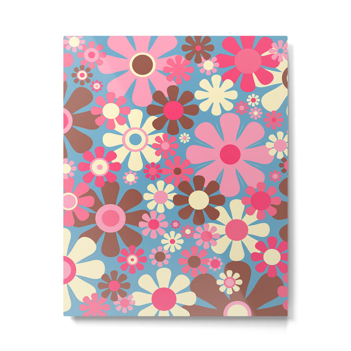Groovy Retro Floral Garden 60s 70s Pattern in Cheerful Pink Brown and Blue Metal Print Gallery Image 1