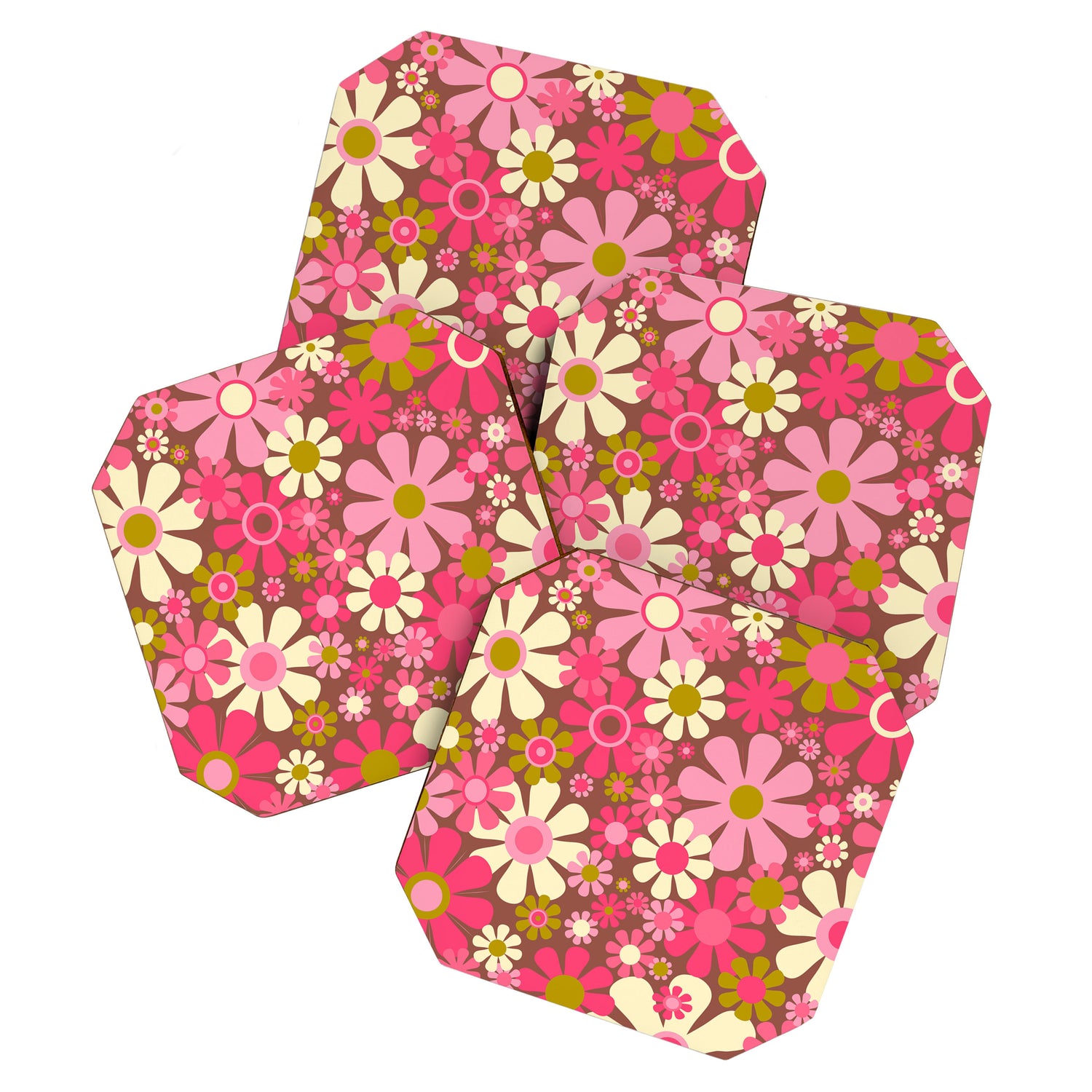 Groovy Retro Floral Garden 60s 70s Pattern in Pink Avocado Brown 2 Coaster Gallery Image 1