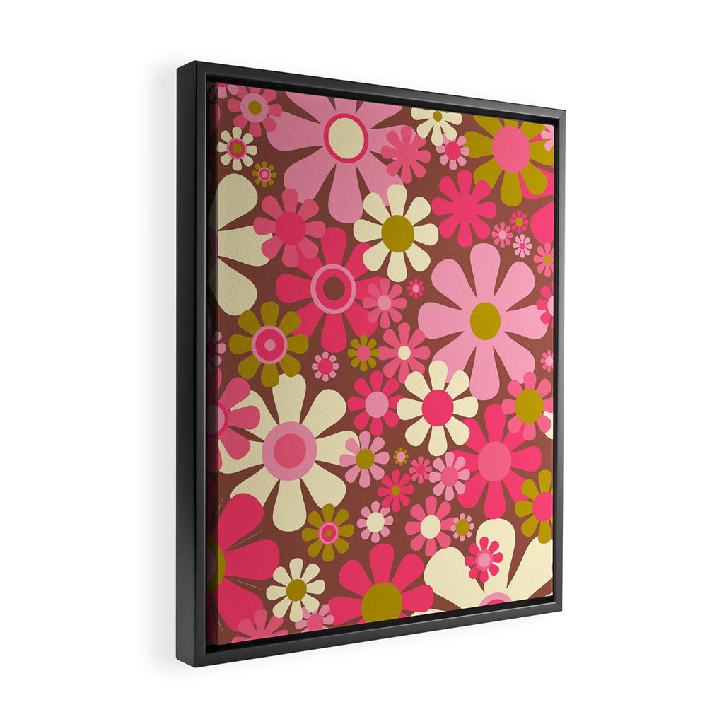 Groovy Retro Floral Garden 60s 70s Pattern in Pink Avocado Brown 2 Framed Canvas Print Gallery Image 2