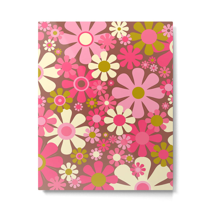 Groovy Retro Floral Garden 60s 70s Pattern in Pink Avocado Brown  Metal Print Gallery Image 1