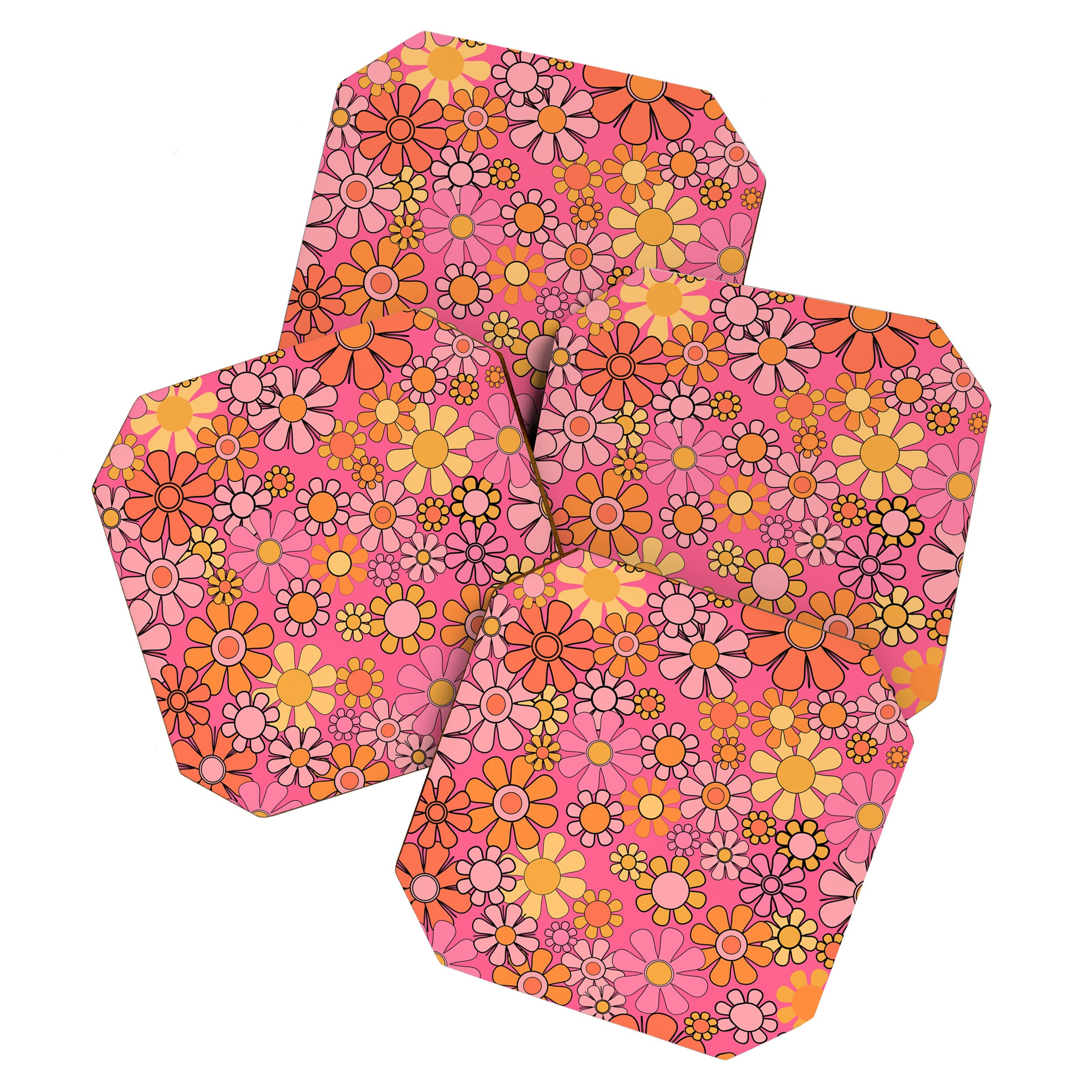 Groovy Retro Floral Garden Pretty Pink 60s 70s Flower Pattern with Yellow and Orange Coaster Gallery Image 1