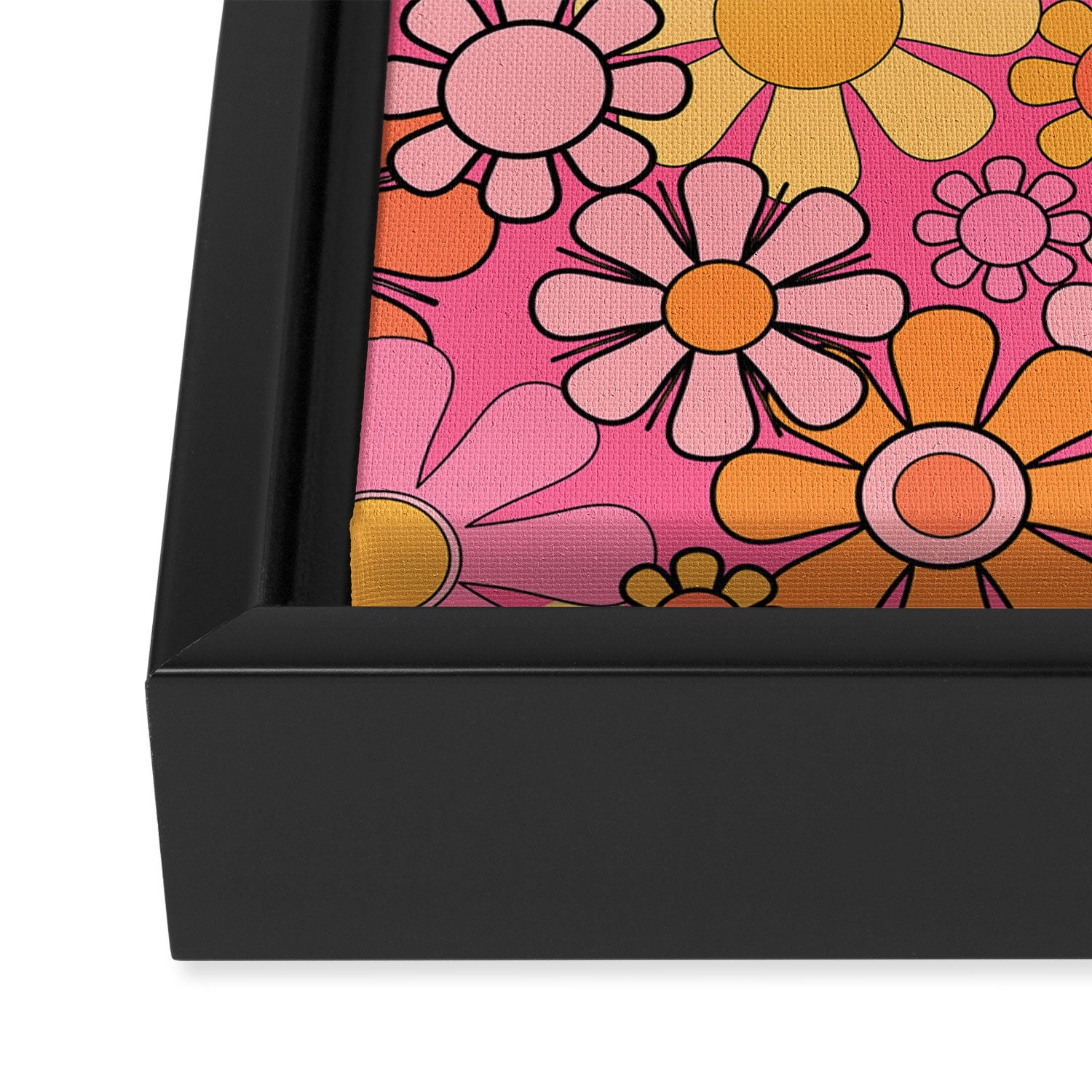 Groovy Retro Floral Garden Pretty Pink 60s 70s Flower Pattern with Yellow and Orange Framed Canvas Print Gallery Image 3