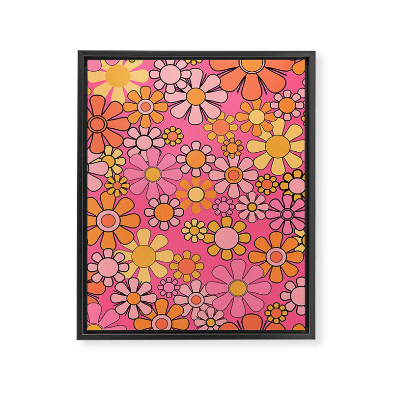Groovy Retro Floral Garden Pretty Pink 60s 70s Flower Pattern with Yellow and Orange Framed Canvas Print Gallery Image 8